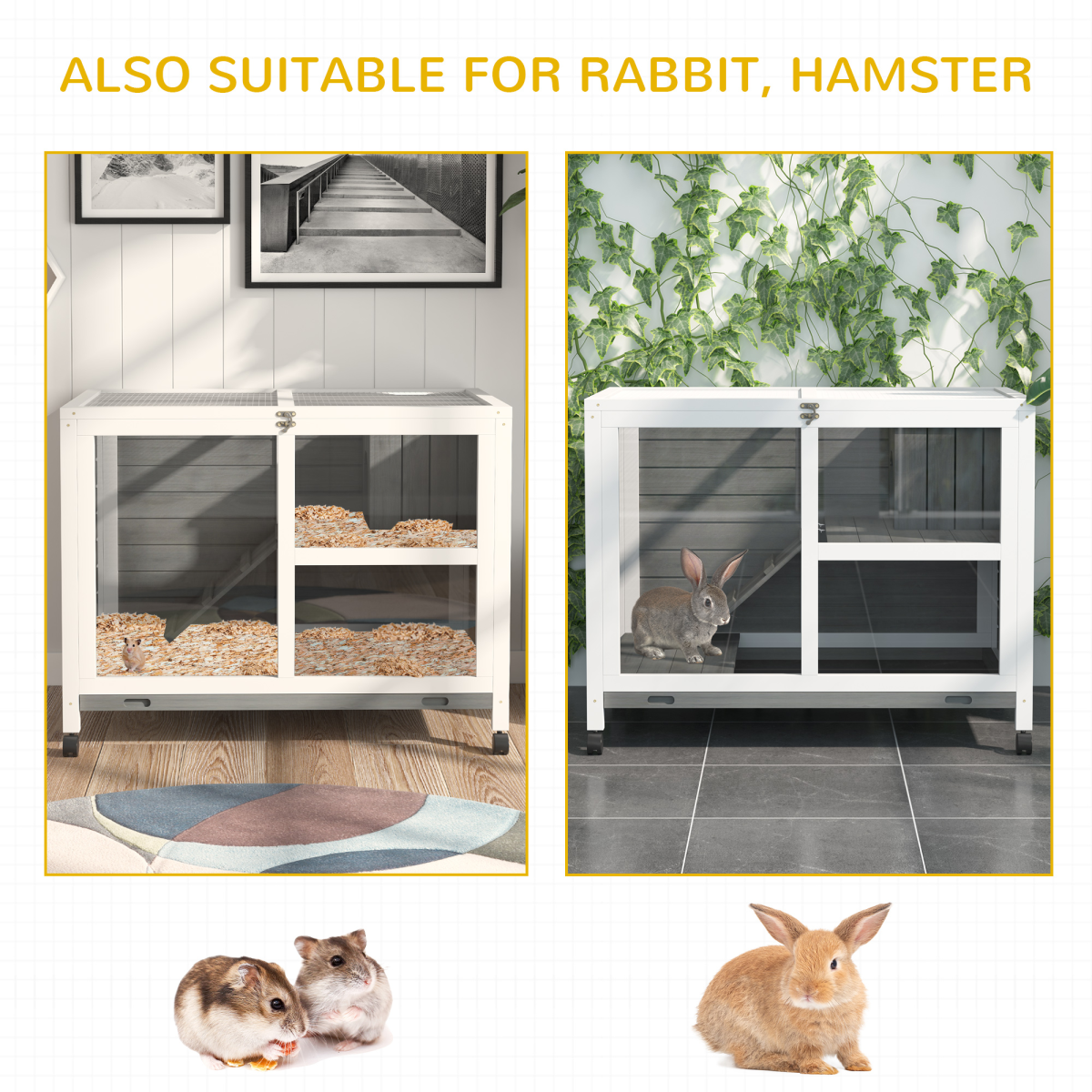 Indoor Wooden Rabbit Hutch, 2-Tier Indoor Bunny Cage with Tray, Ramp and Wheels, Grey