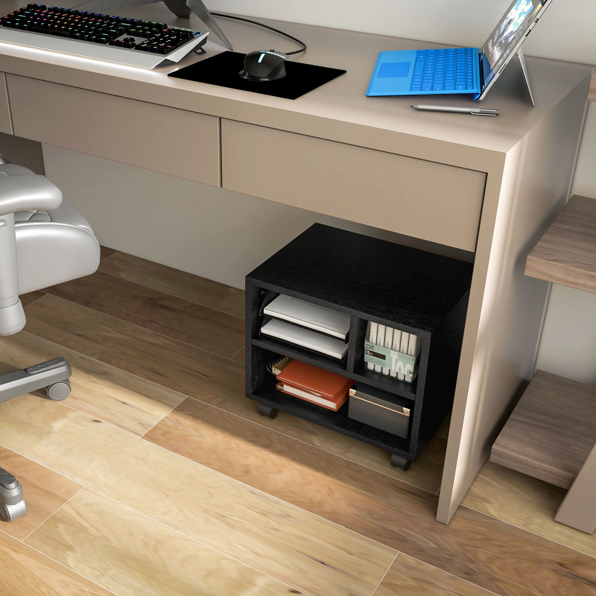 HOMCOM 3-Compartment Printer Stand on Wheels with Brakes, Black
