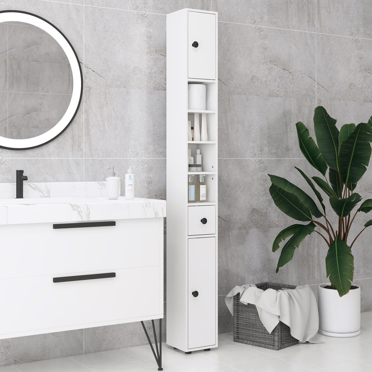 kleankin Slim White Bathroom Storage Cabinet with Open Shelves