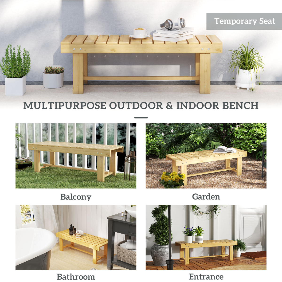 Outsunny 2-Seater Fir Wood Outdoor Garden Patio Bench, Slatted Seat, Weather-Resistant Finish, 250kg Capacity