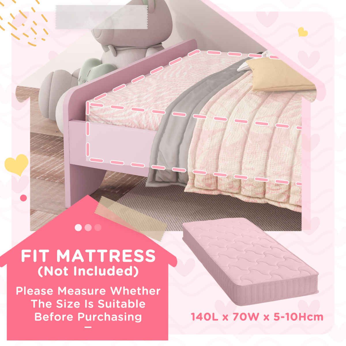 ZONEKIZ Toddler Bed Frame, Cat Design Kids Bed with Guardrails, Pink