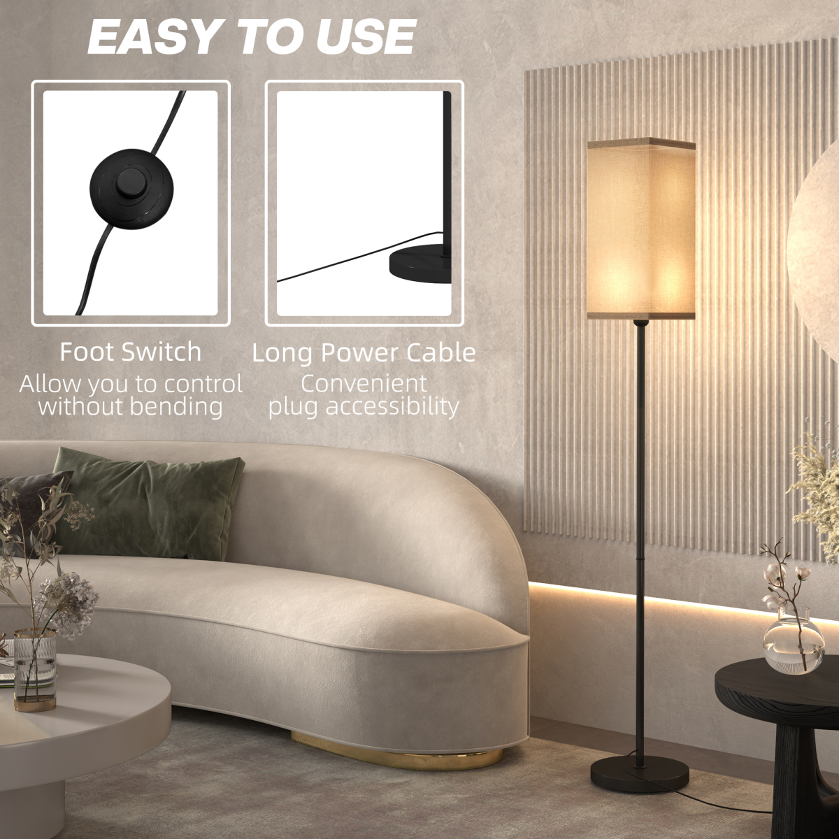 HOMCOM Black Standing Floor Lamp with Linen Shade, Foot Switch