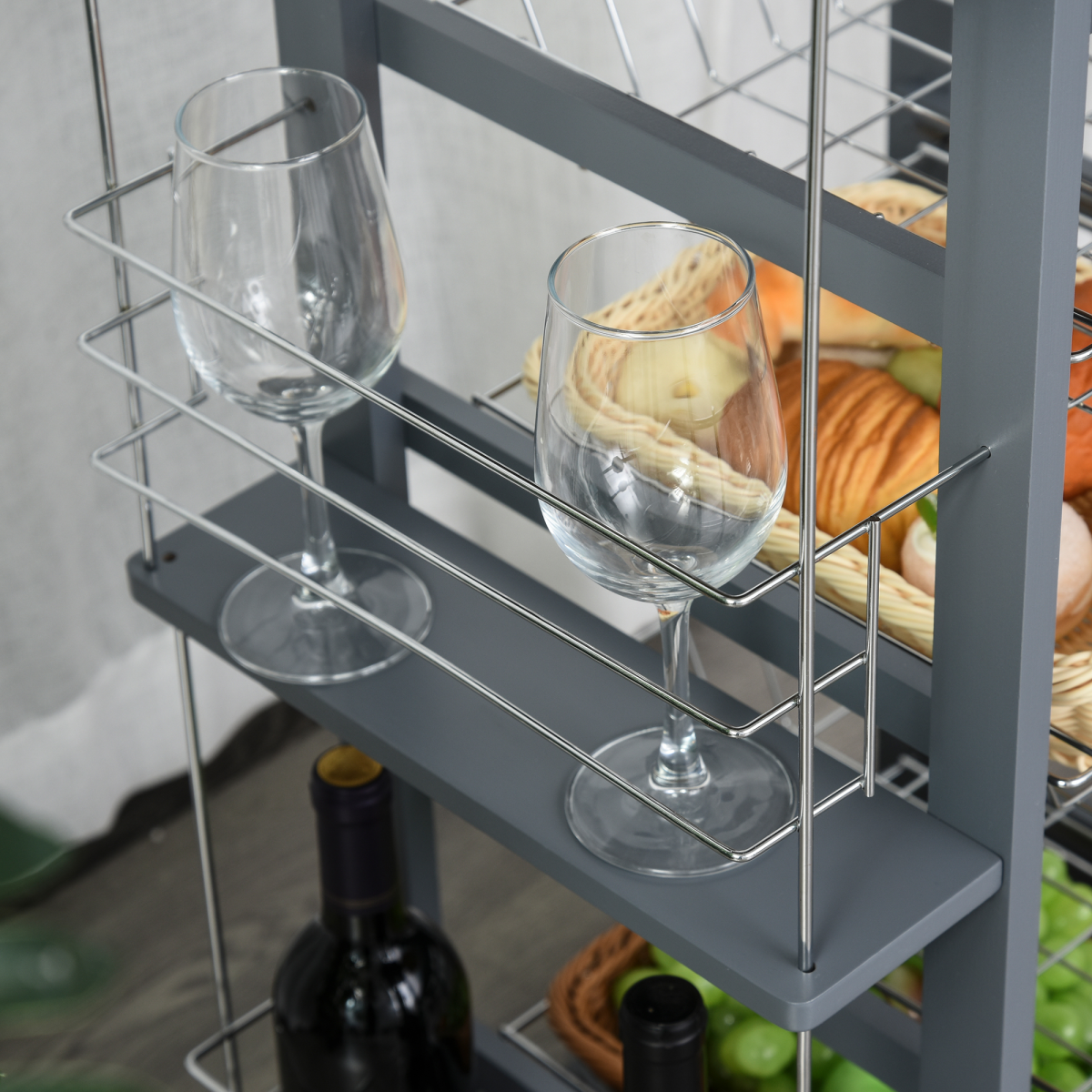 HOMCOM Kitchen Island Trolley on Wheels with Drawer, 4 Removable Metal Baskets, 2 Side Racks, Dark Grey