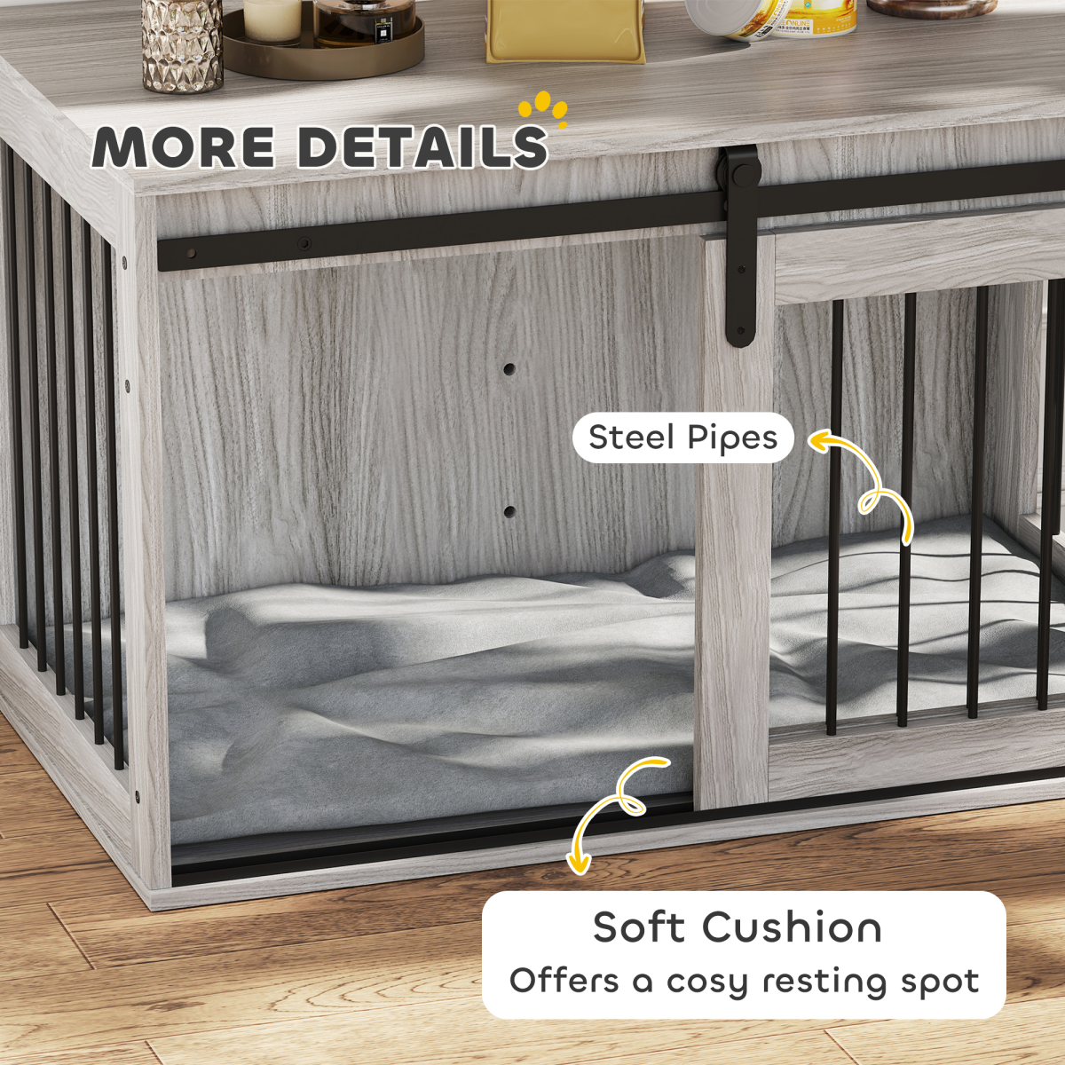 PawHut Grey Dog Crate Furniture with Cushion, Side Table for Large Dogs