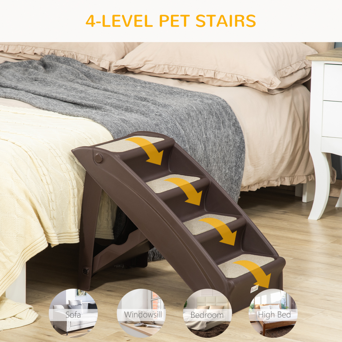 Foldable Non-Slip Pet Steps for Bed and Sofa, Small Dogs and Cats, Brown