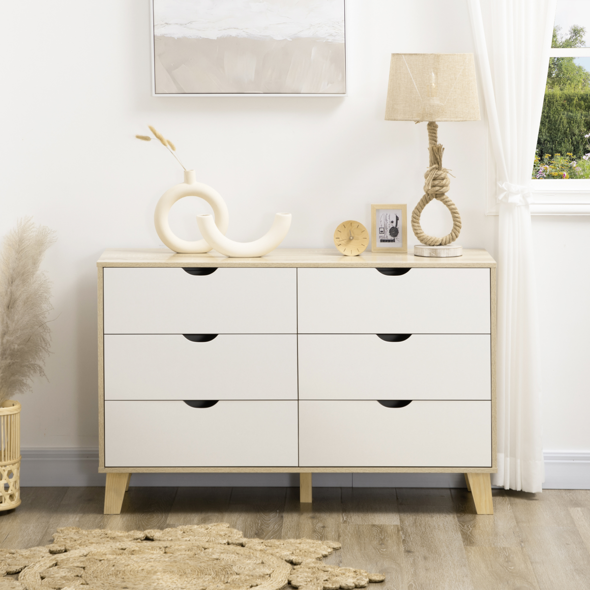 6-Drawer White and Brown Chest of Drawers for Bedroom Storage