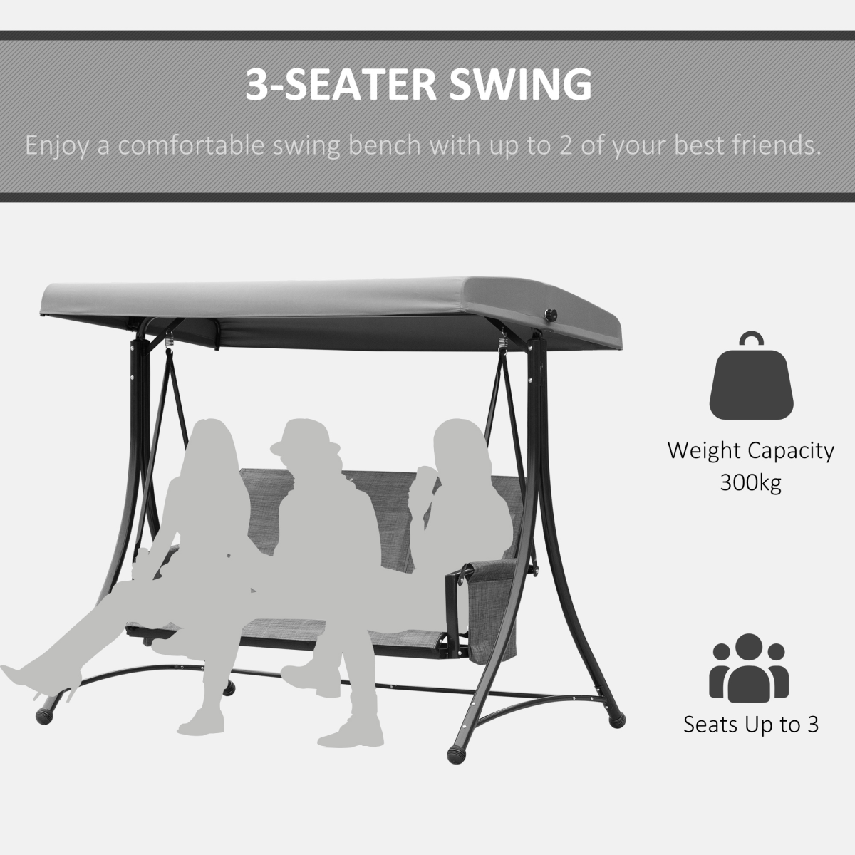 3-Seater Metal Patio Swing Chair with Adjustable Canopy