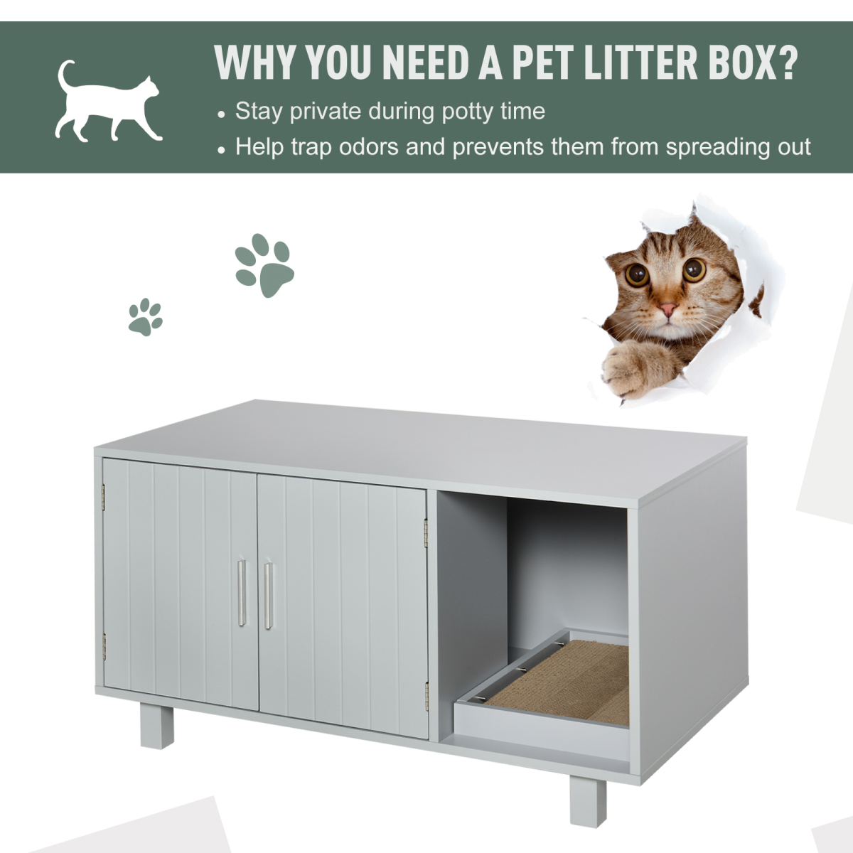 Cat Litter Box Enclosure Furniture with Magnetic Doors, Grey