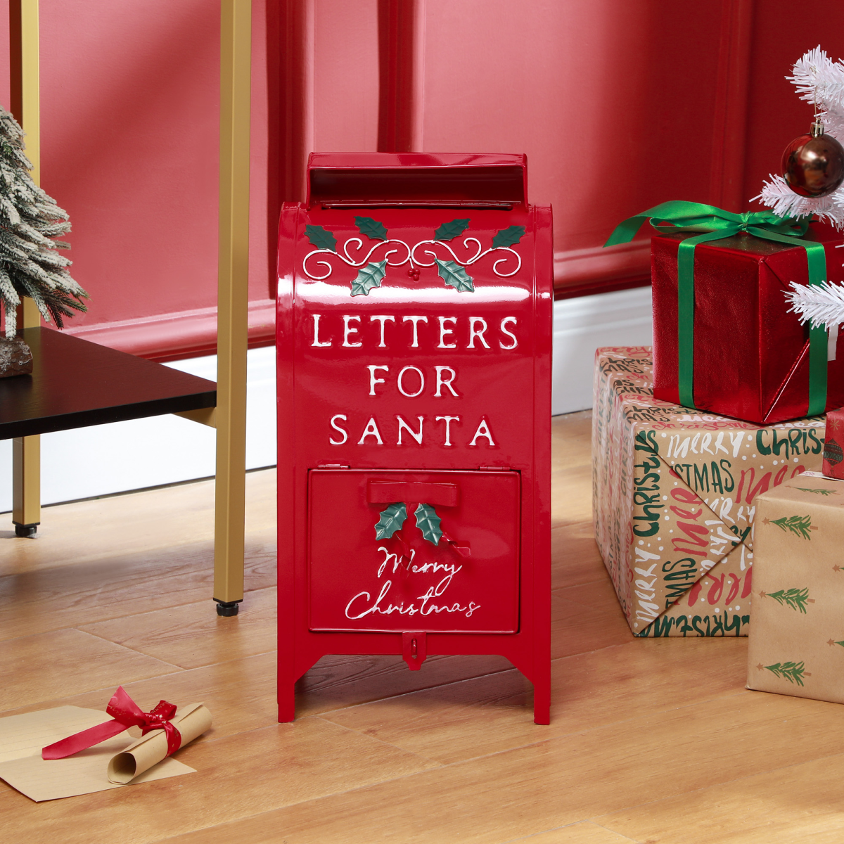 HOMCOM Red Steel Christmas Post Box, Freestanding or Wall Mounted
