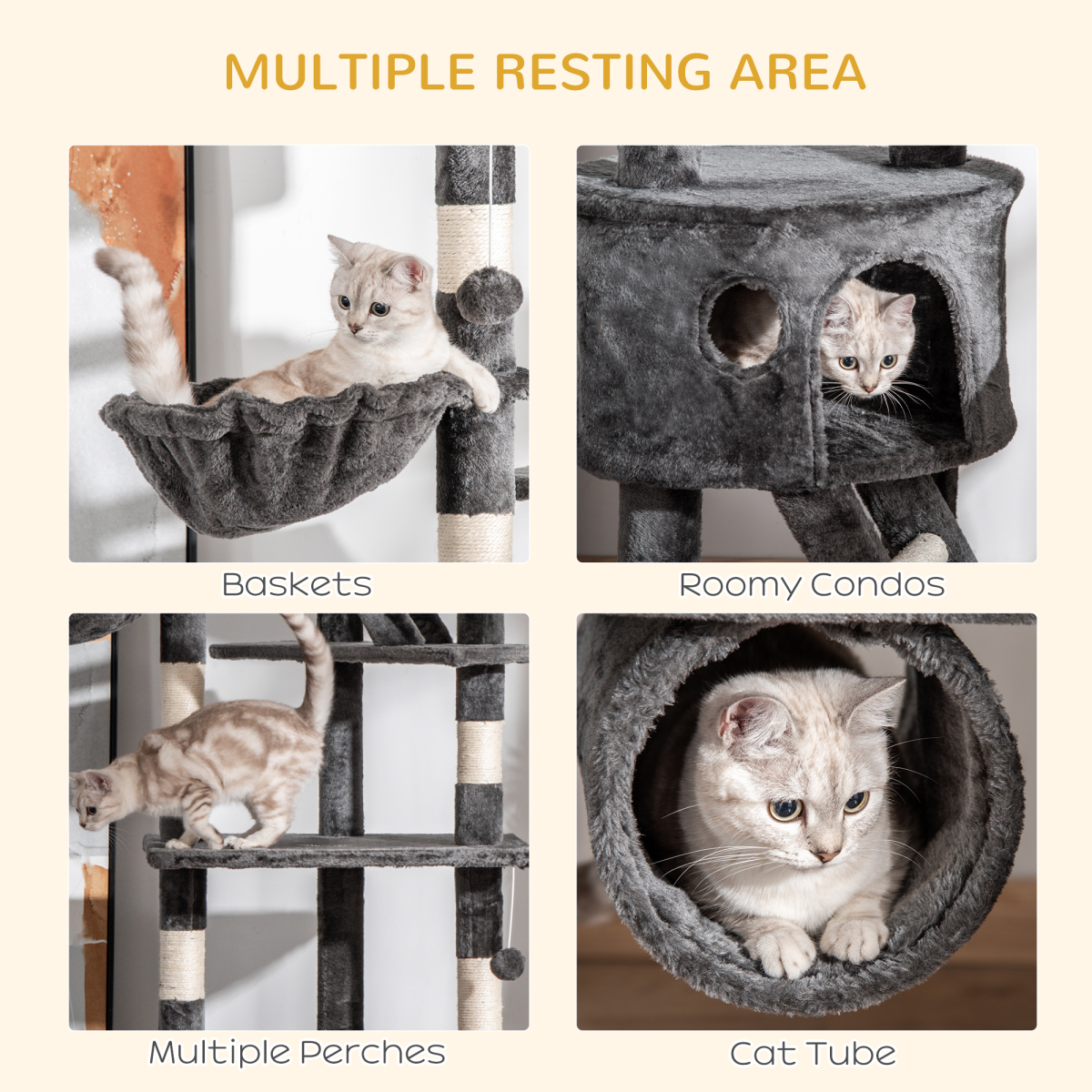 PawHut 240-260cm Floor to Ceiling Cat Tree with Scratching Posts, Cat Houses, Ramps, Hammocks and Tunnel - Dark Grey
