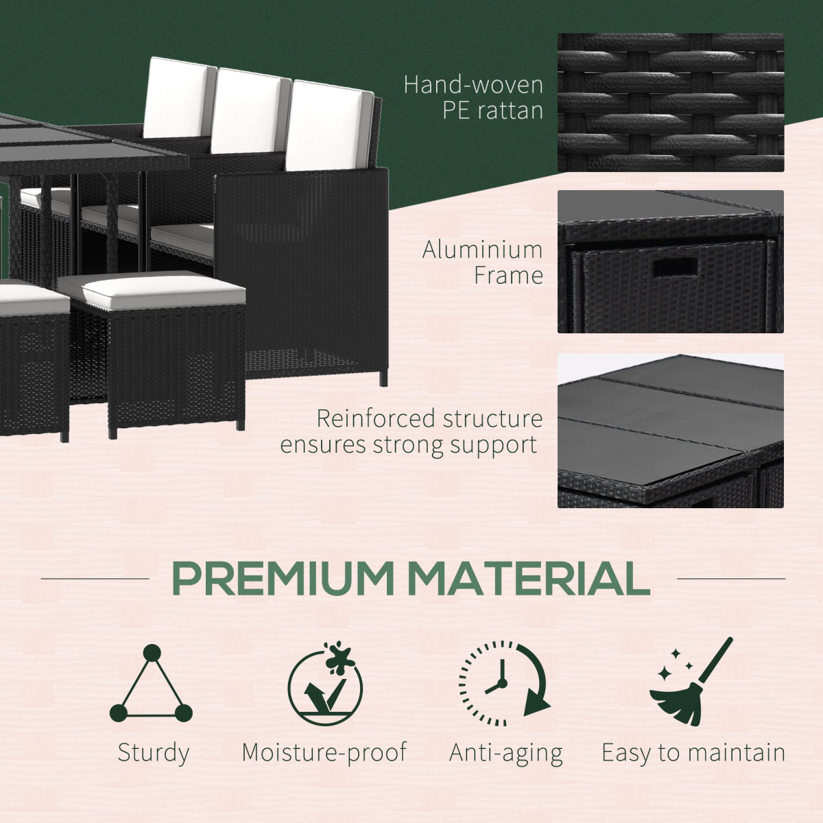 Outsunny 11-Piece Black Rattan Dining Set with Glass Table