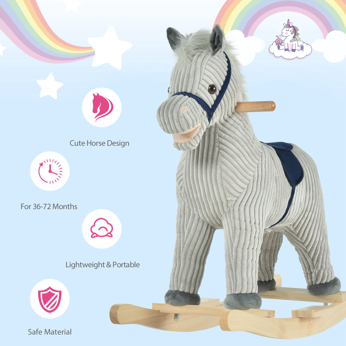 HOMCOM Kids Rocking Horse Ride-On with Sound, Wooden Base