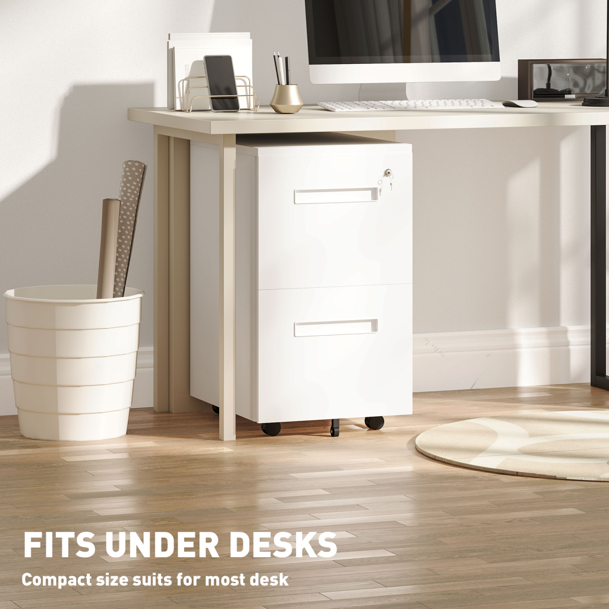 Mobile File Cabinet with Lock, Adjustable Partition, Rolling, White
