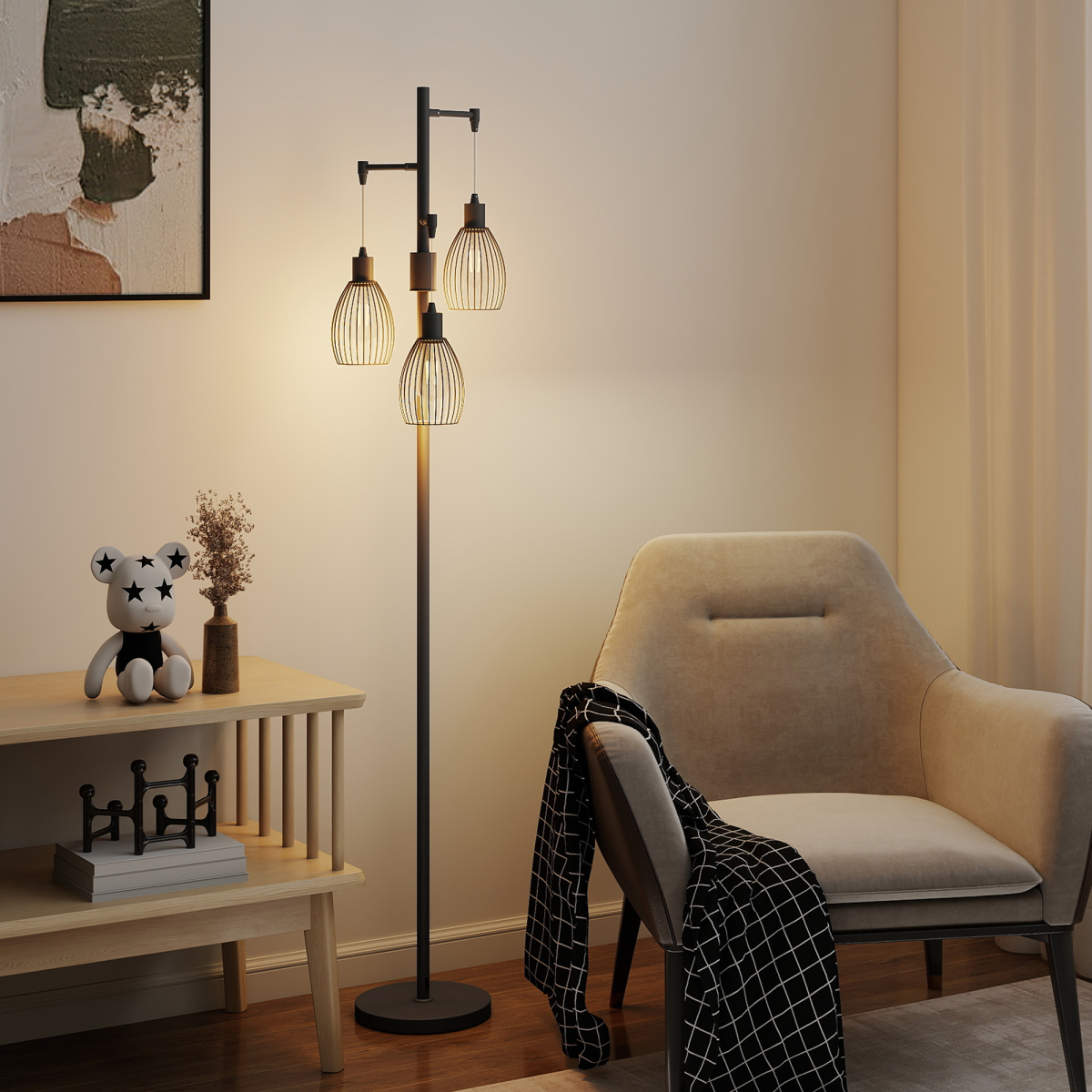 HOMCOM Industrial 3-Light Dimmable Floor Lamp, Black, 2700K