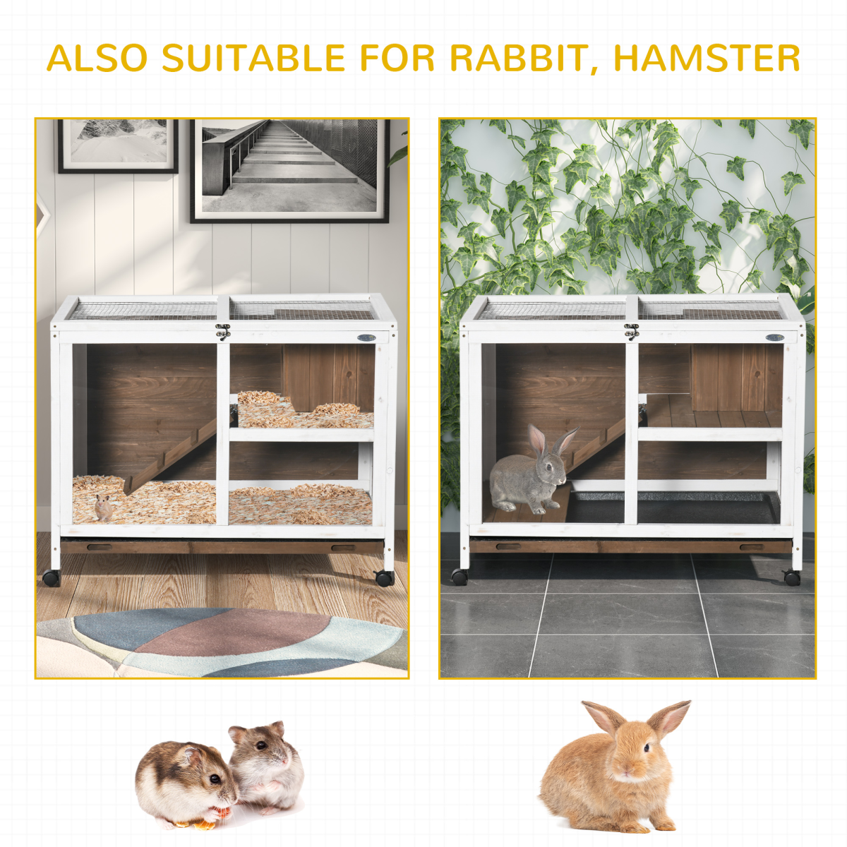 PawHut Indoor Two-Floor Fir Wood Rabbit Hutch with Pull-Out Tray, Ramp and Wheels, Brown