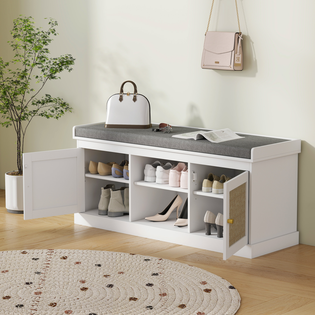 HOMCOM Boho Rattan Shoe Storage Bench with Padded Seat
