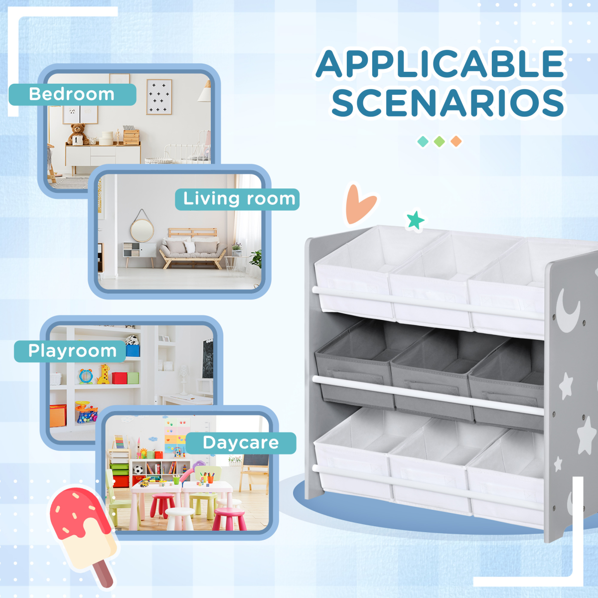 ZONEKIZ 9-Basket Storage Unit for Nursery Playroom, 3-Tier Kids Toy Storage, Grey