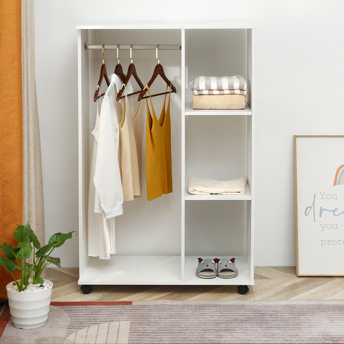 White Storage Wardrobe with Shelves, Hanging Rail & Wheels