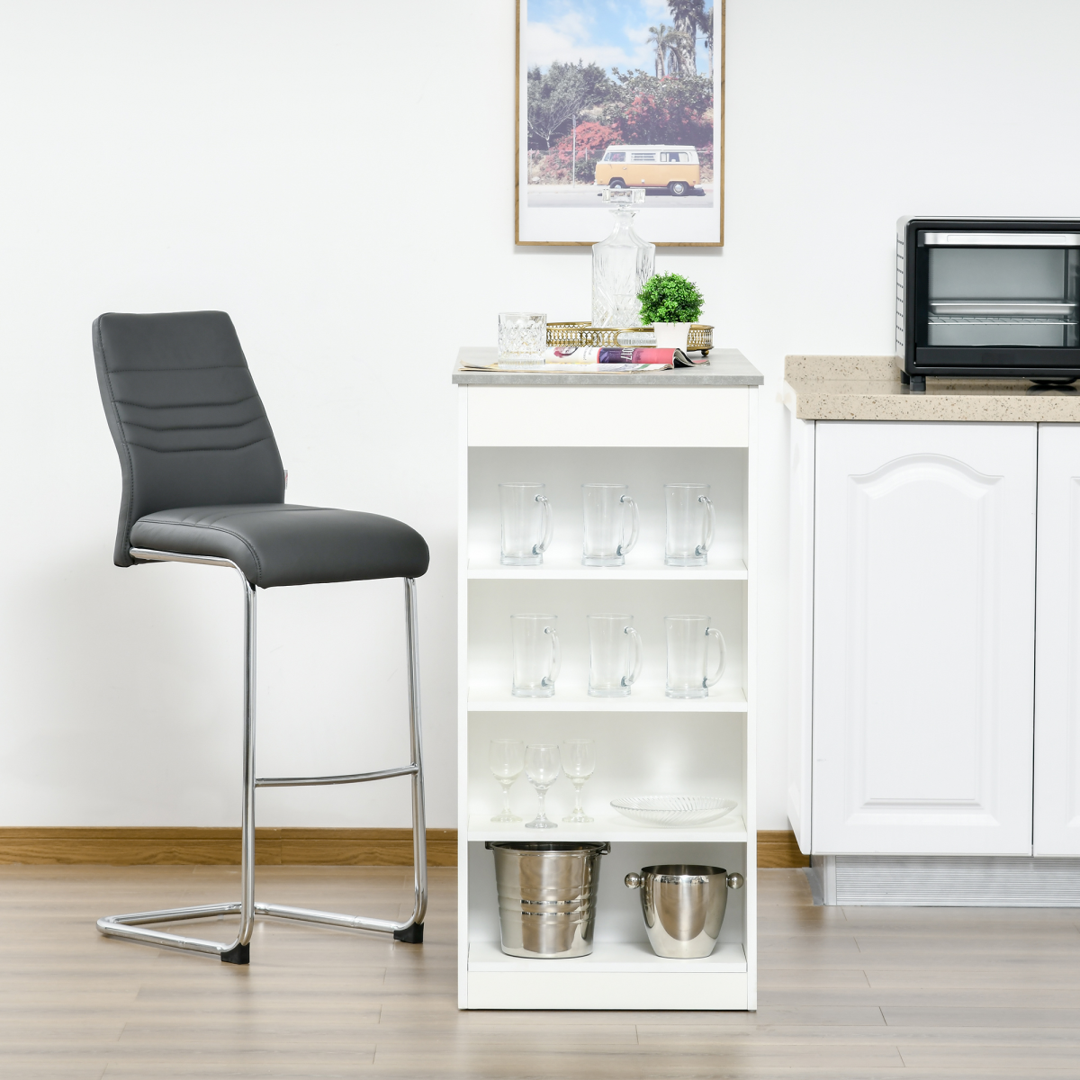 HOMCOM Grey Bar Table with 4-Tier Shelf, Kitchen Dining Coffee Table