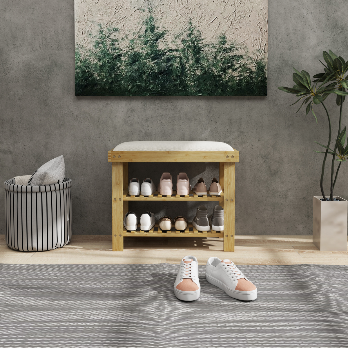 HOMCOM Bamboo 2-Tier Shoe Storage Bench with Cushion, Cream White
