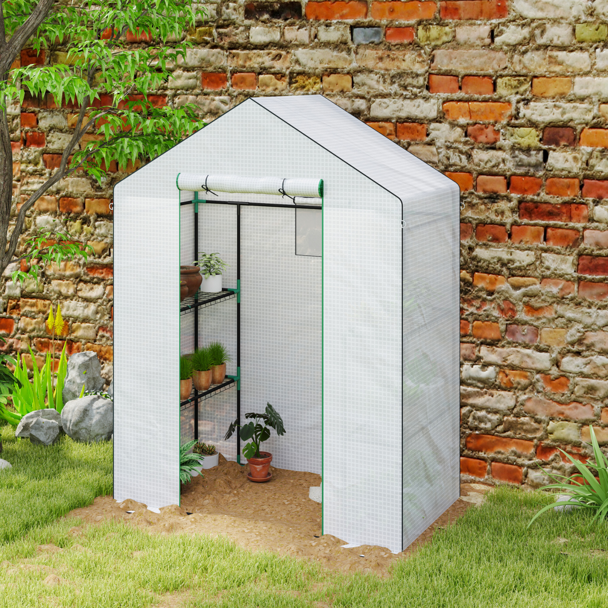 Outsunny Walk-In Greenhouse with 4 Shelves, Outdoor, White