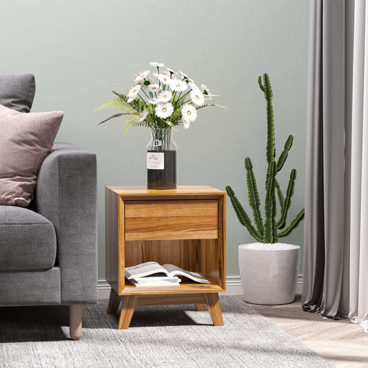 Bedside Table with Drawer and Shelf, Wood-Effect Side Table