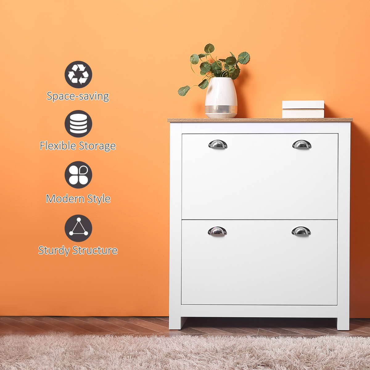 HOMCOM White Narrow Shoe Cabinet with 2 Flip-Down Drawers