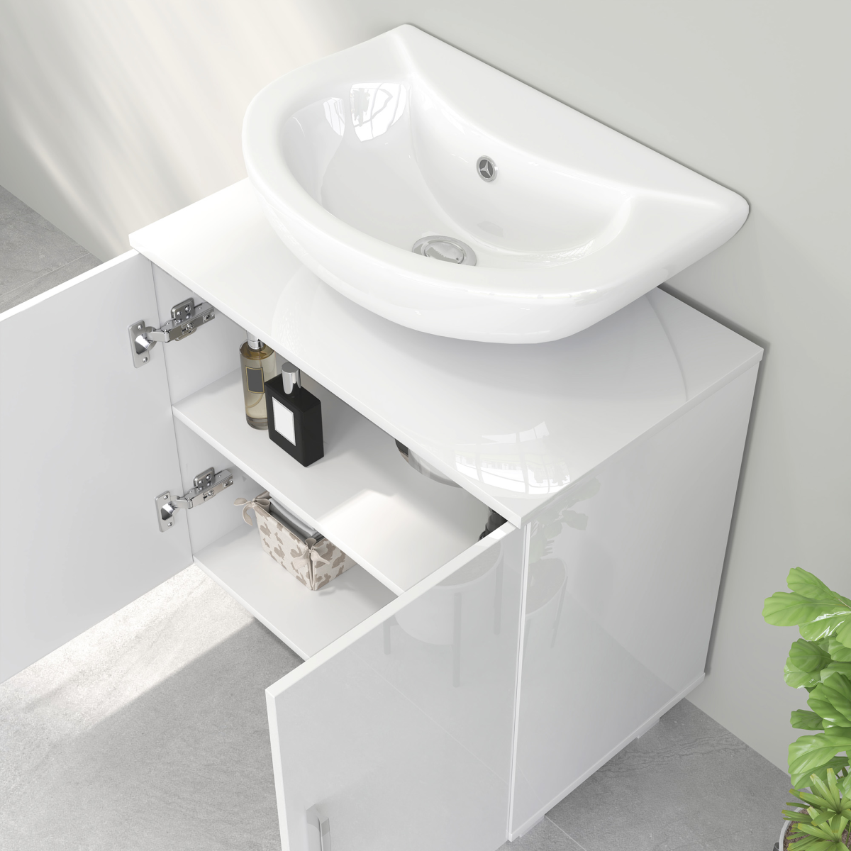 HOMCOM Freestanding High Gloss White Under Sink Cabinet for Pedestal Sinks