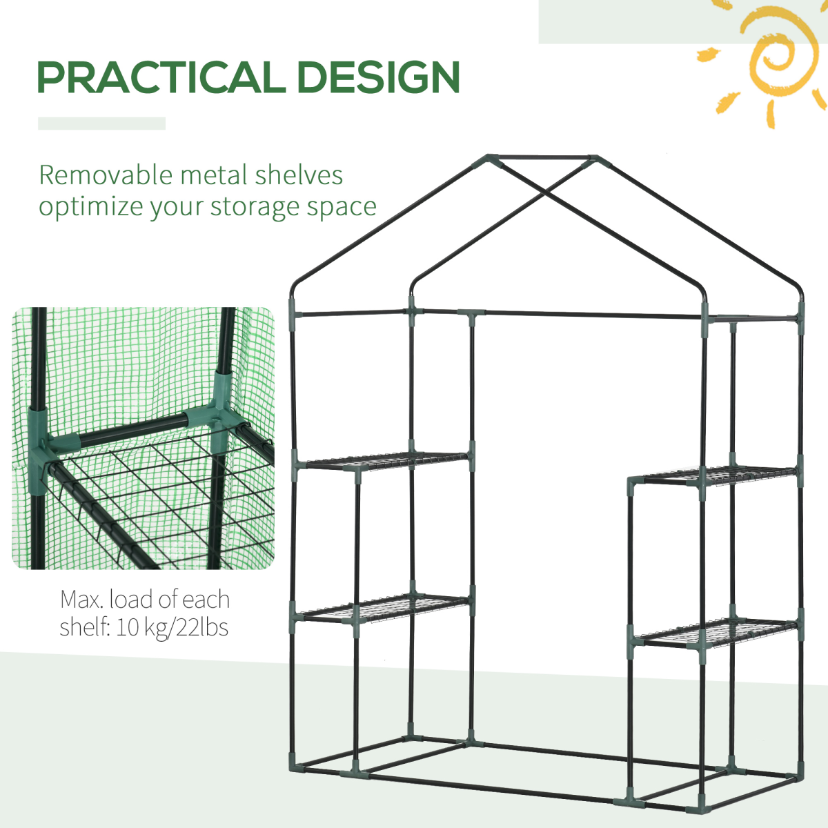 Outsunny Walk-In Greenhouse with 2-Tier Shelves, Roll-Up Zipper Door, PE Cover, 141 x 72 x 191 cm, Green