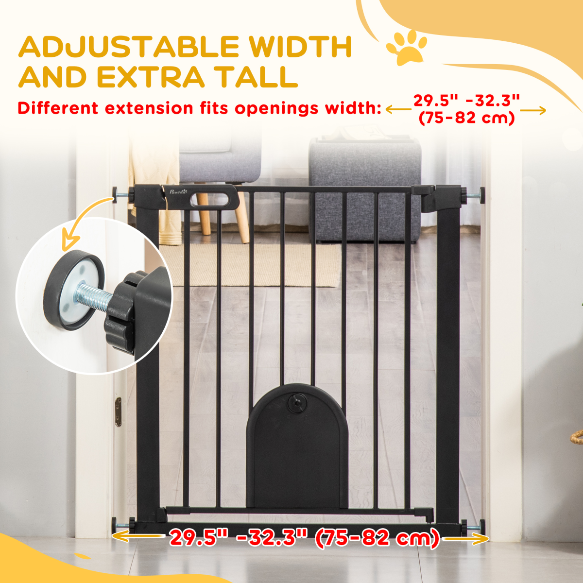 Black Pressure Fit Pet Safety Gate, Auto-Close, Double Lock, 75-82 cm