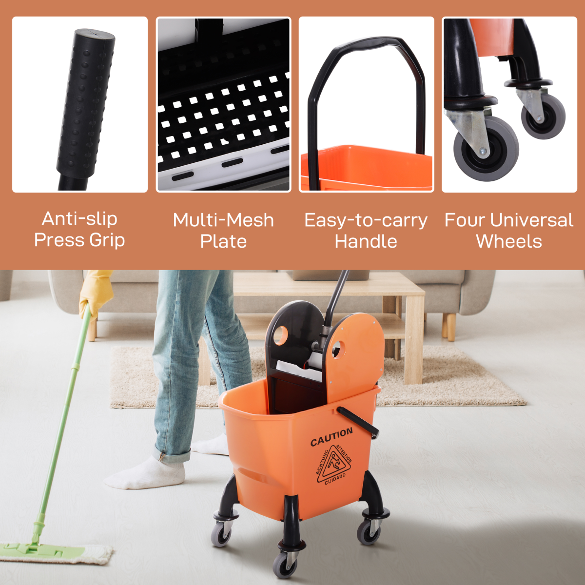 HOMCOM 26L Mop Bucket on Wheels with Handle & Mop Holder, Orange