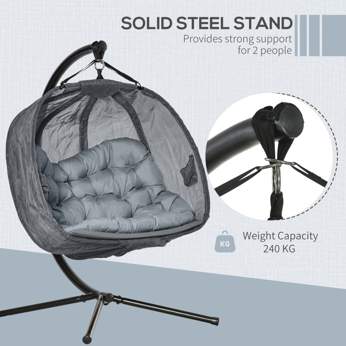 Outsunny 2-Seater Hanging Egg Chair with Cushion, Grey