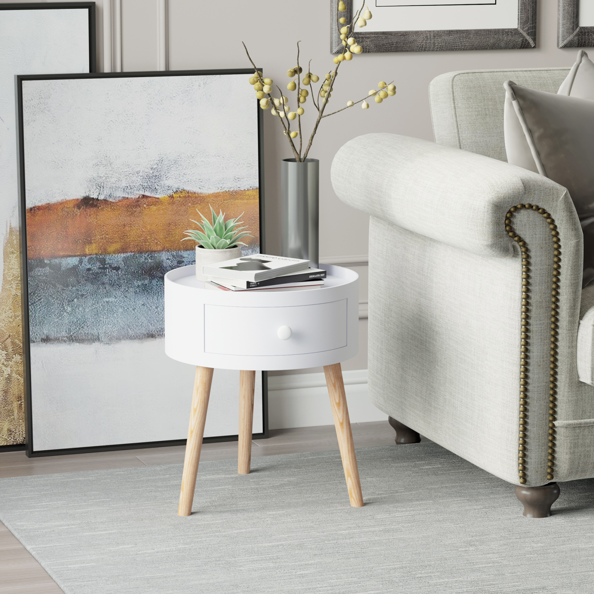 HOMCOM Round Coffee Table with Drawer, 38 x 45H cm, White