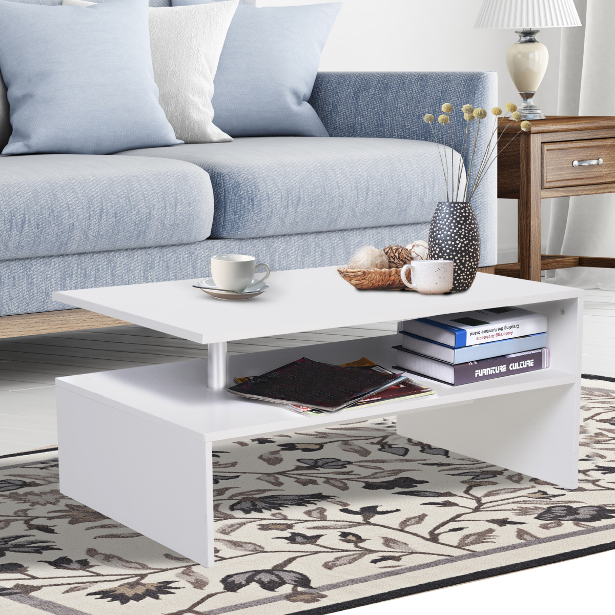 HOMCOM Modern 2-Tier Rectangular Coffee Table Side End Table, White