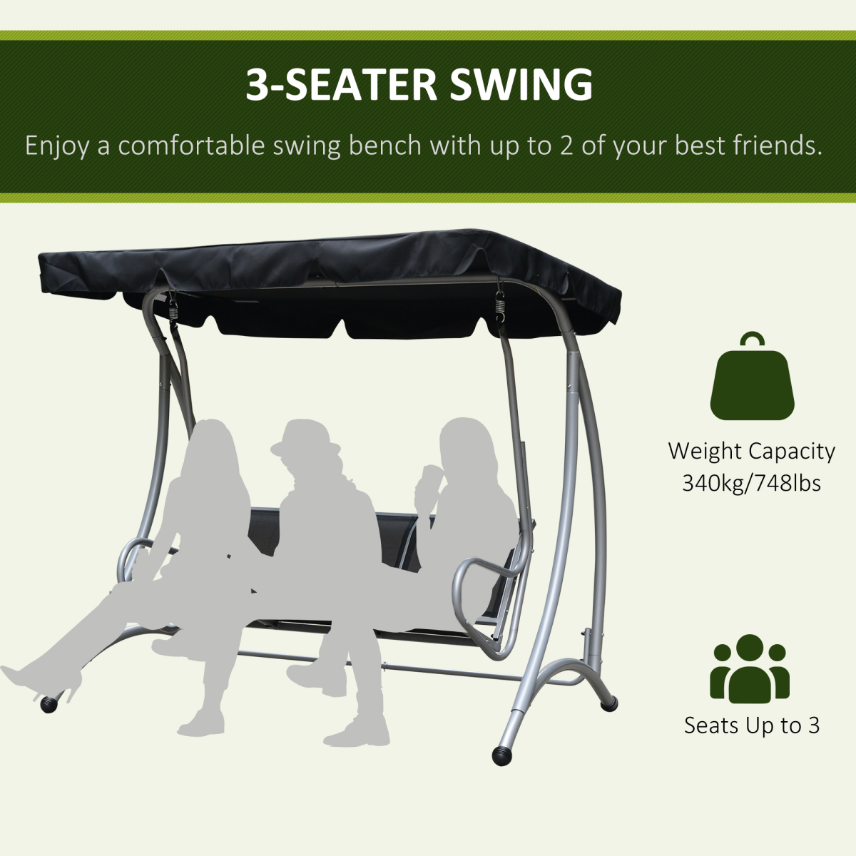 Outsunny 3-Person Steel Outdoor Swing Chair with Adjustable Canopy, Black Mesh Seat
