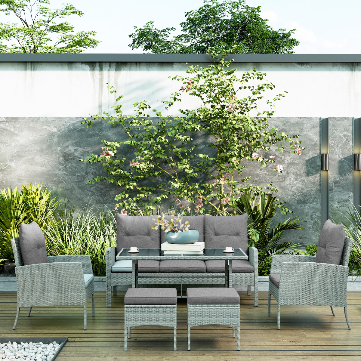 Outsunny 6-Piece Rattan Garden Sofa Set with 2 Armchairs, 3-Seater Sofa, 2 Footstools and Glass-Top Coffee Table, Grey