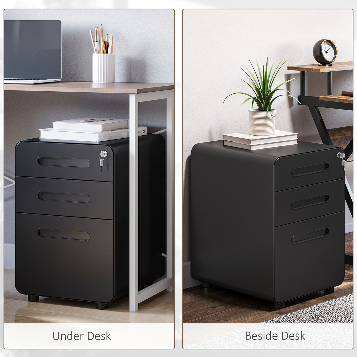 3-Drawer Steel Filing Cabinet with Lock and 4 Wheels, Black