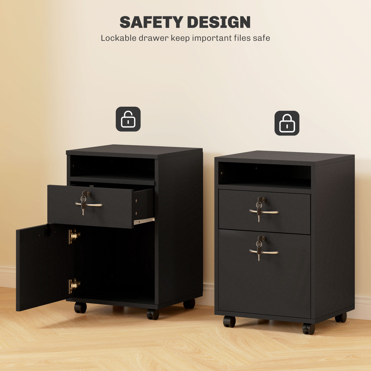 HOMCOM 60cm Black Storage Cabinet with Drawers, Open Shelf and Wheels