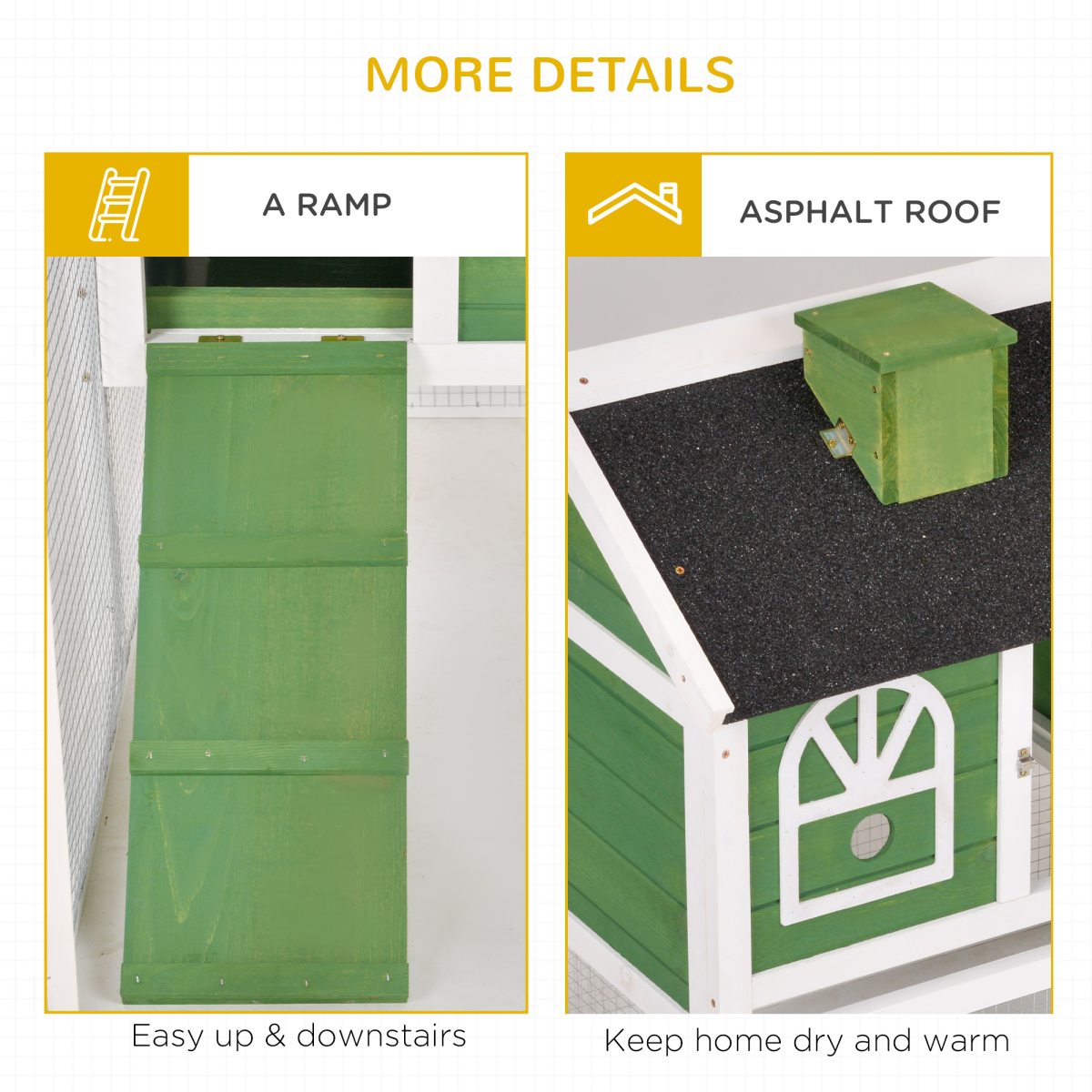PawHut Wooden Rabbit Hutch Bunny Cage with Pull-Out Tray, Run and Ramp, Green