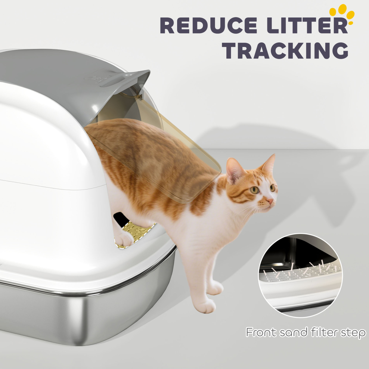 PawHut Enclosed Stainless Steel Cat Litter Tray with Lid and Deodoriser Compartment