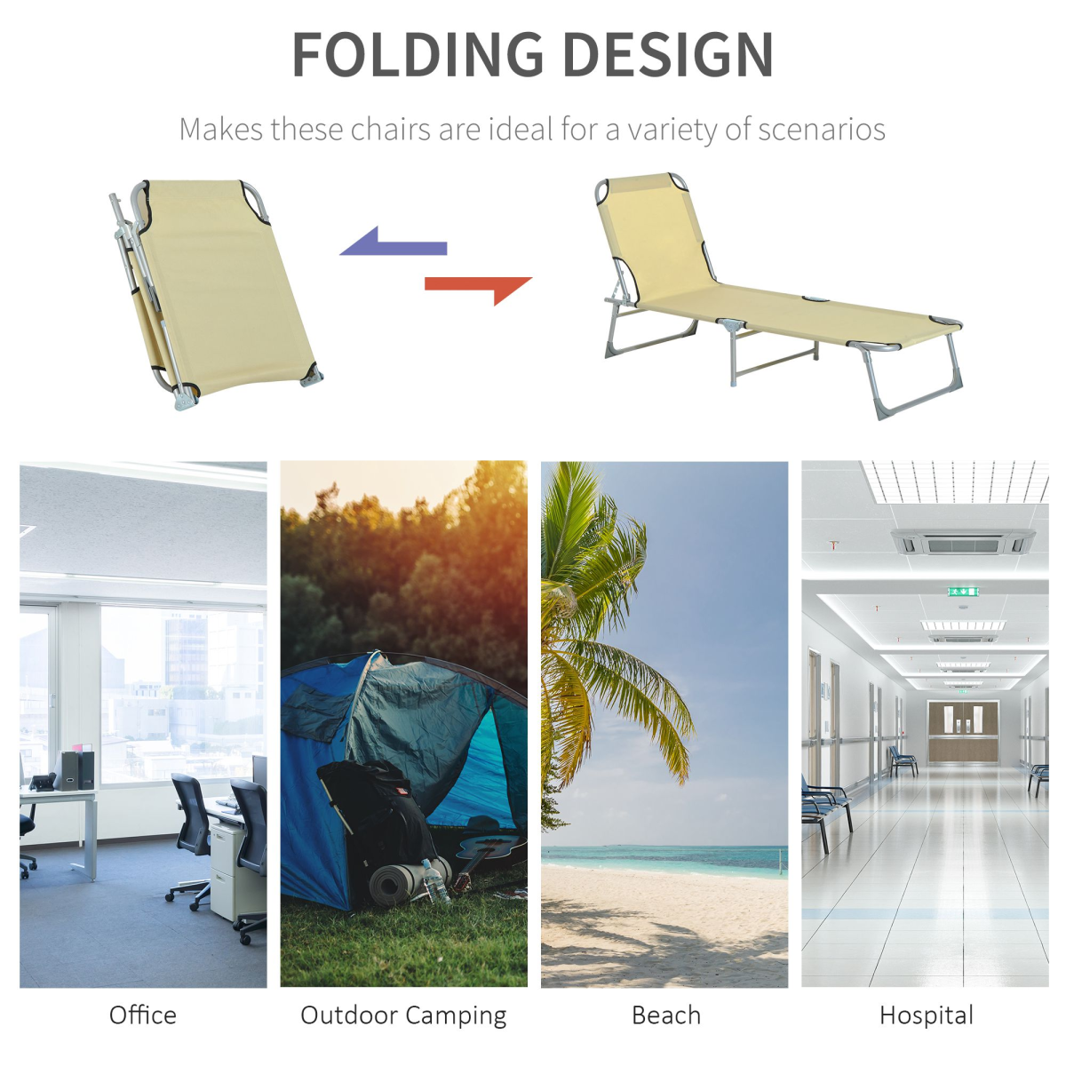 Portable Folding Camping Cot Sun Lounger with Adjustable Back, Outdoor Recliner Chaise Chair