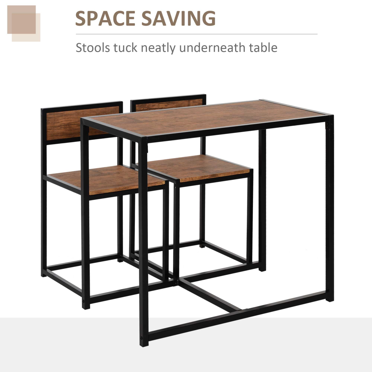 HOMCOM Industrial 3-Piece Bar Stool and Table Set, 2 Stool Chairs and Rectangular Table, Galvanised Steel Frame, Chestnut Brown MDF, Wood Tone