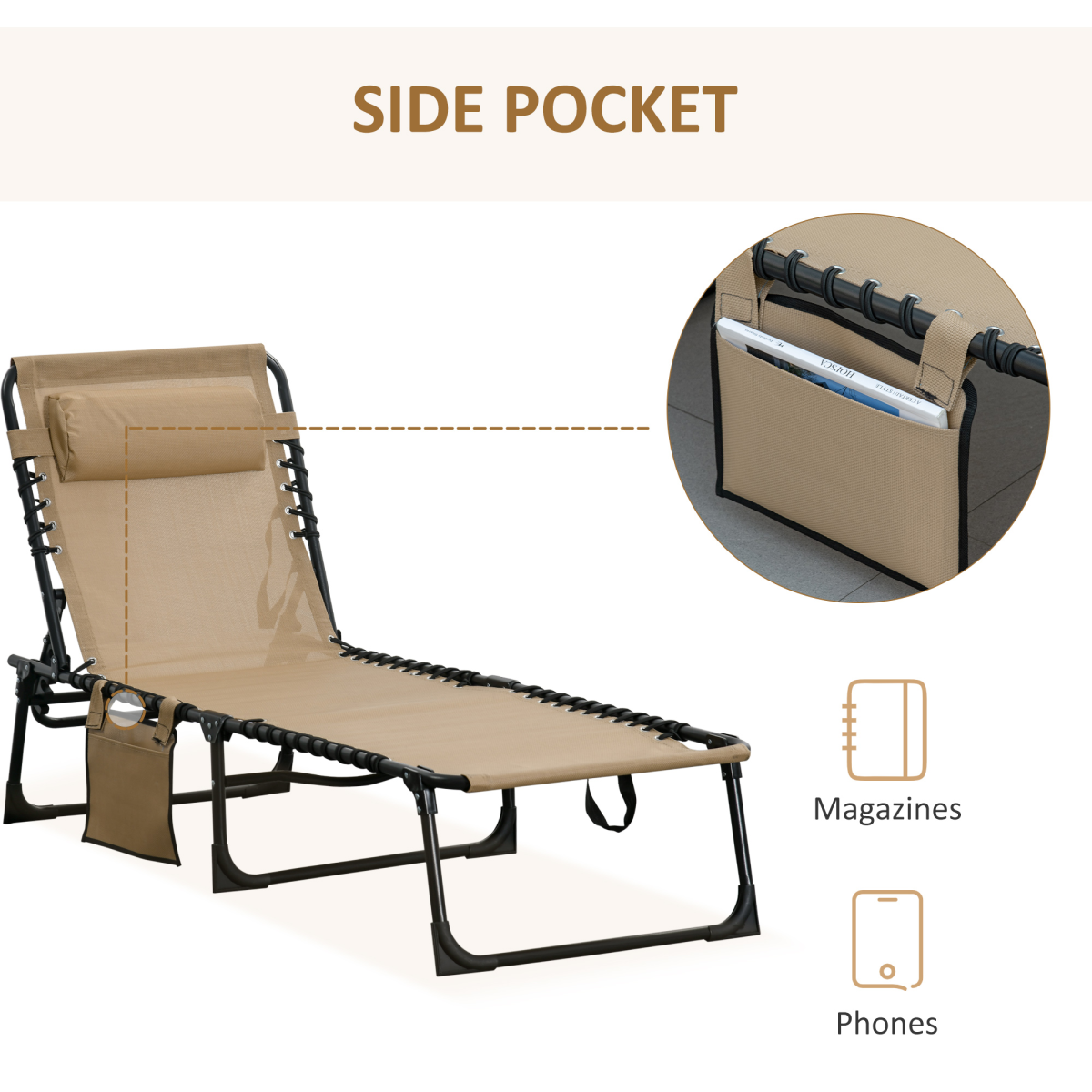 Outsunny Portable Sun Lounger with 5-Position Adjustable Backrest, Removable Pillow, Side Pocket, Foldable Steel Frame, Weather-Resistant Mesh Seat