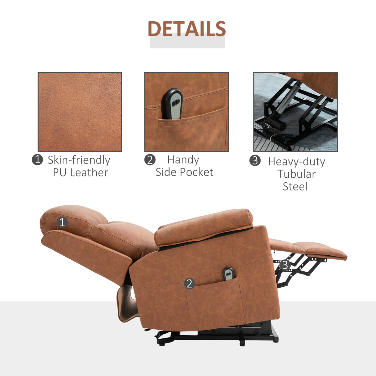 Electric Power Lift Riser Recliner Chair with Remote Control, Brown Faux Leather