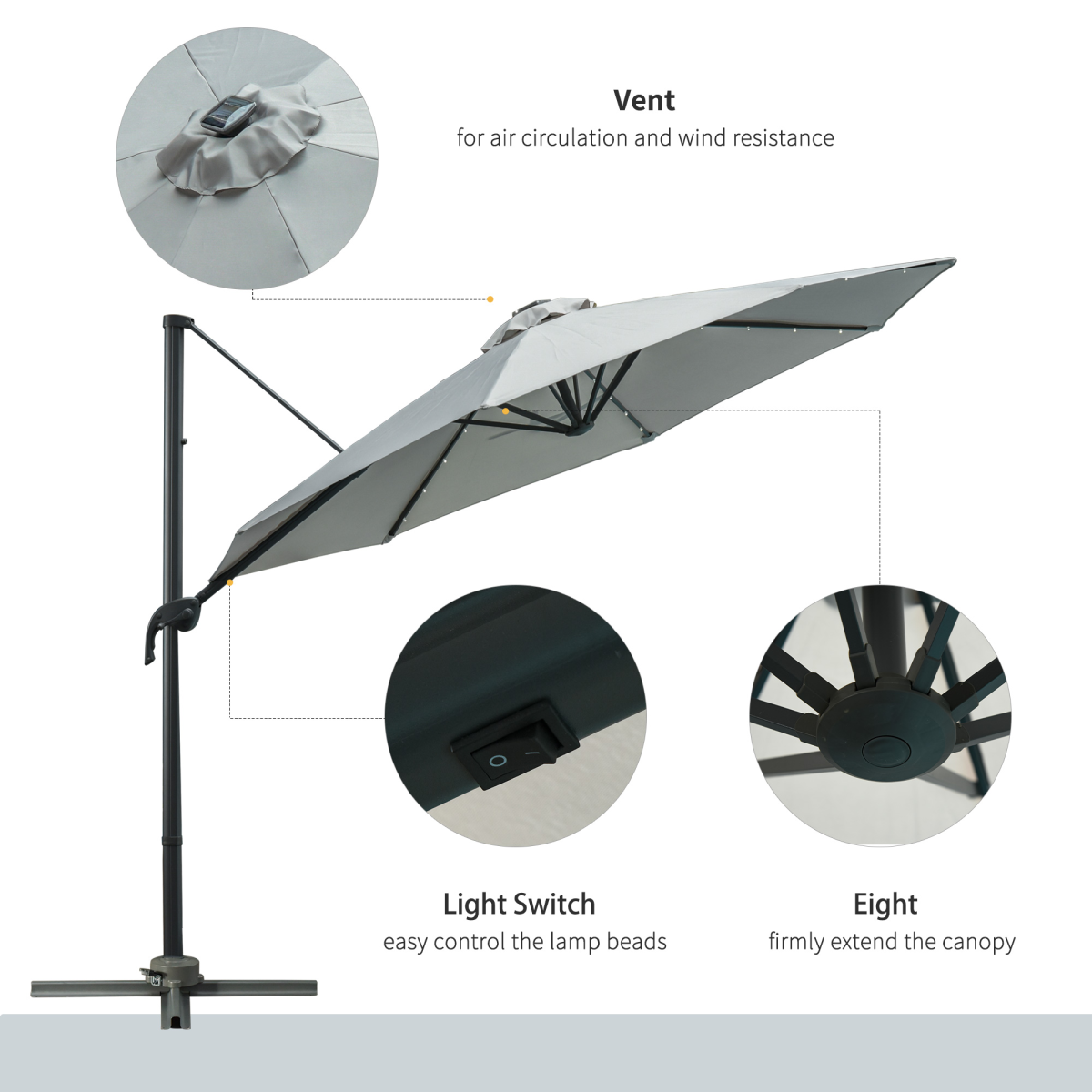 3m Cantilever Roma Patio Parasol with LED Solar Light, Grey