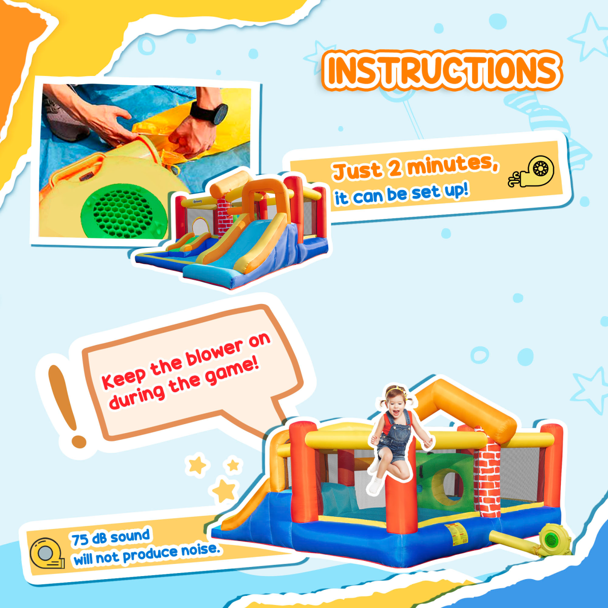 Kids Inflatable Bouncy Castle with 2 Slides, Pool, Trampoline & Blower