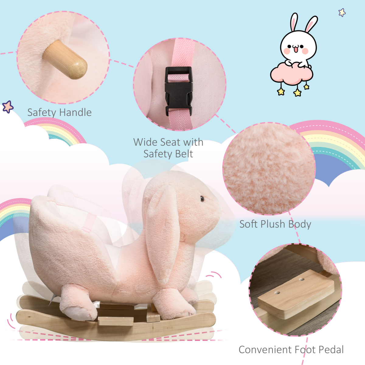 Kids Plush Rocking Rabbit with Sound, Seat Belt & Handlebars