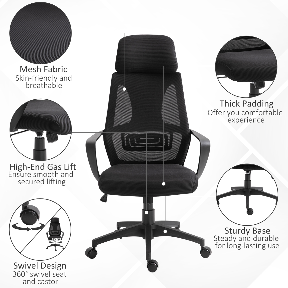 Mesh Back Office Chair with Adjustable Height and Padded Headrest Black