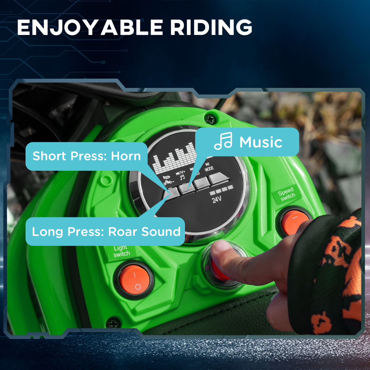 HOMCOM 24V Kids Electric Motorbike with Twist Throttle, Music & Horn - Green