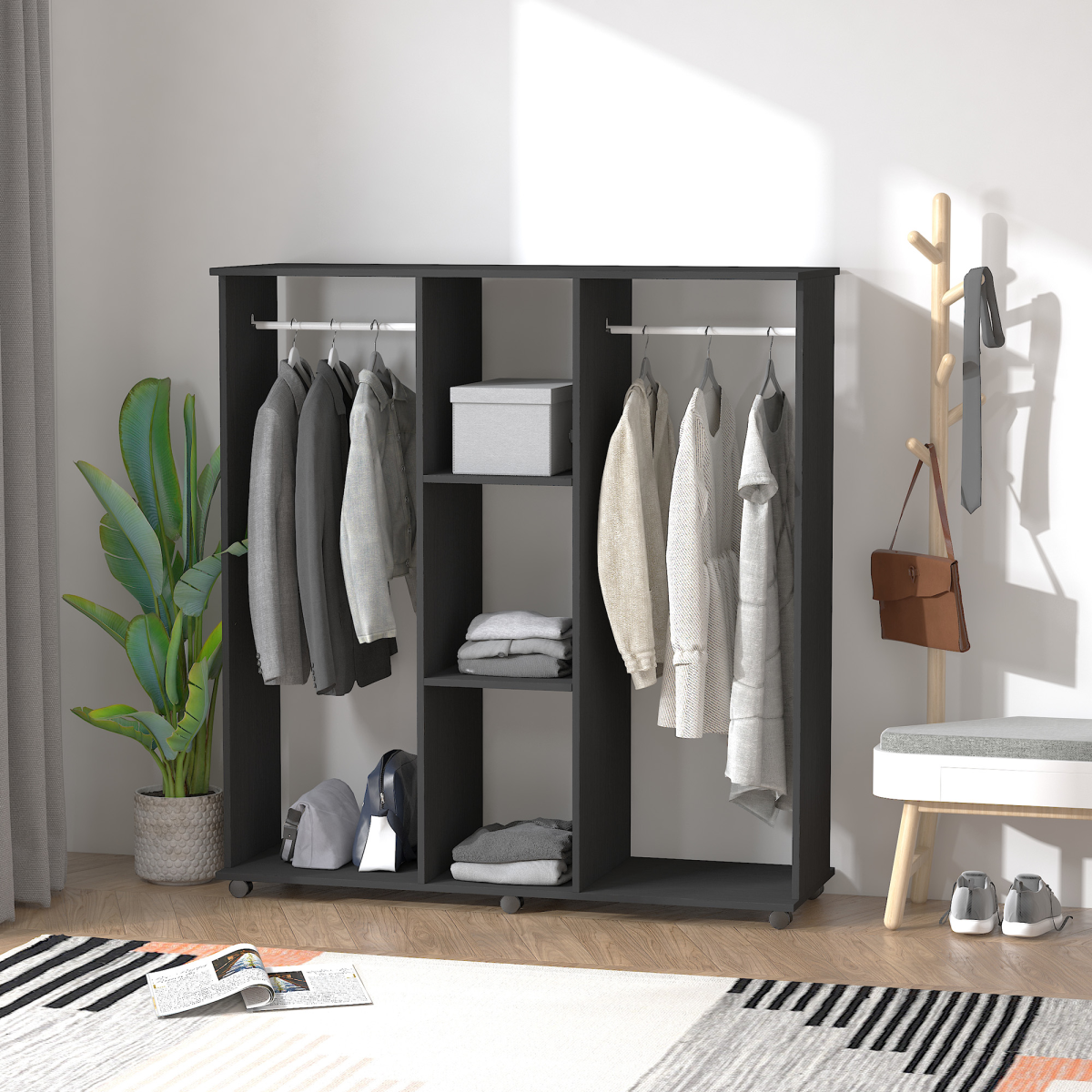 Unbranded 3-Tier Storage Rack with 2 Hanging Rails, 6 Wheels, 120 x 40 x 128 cm